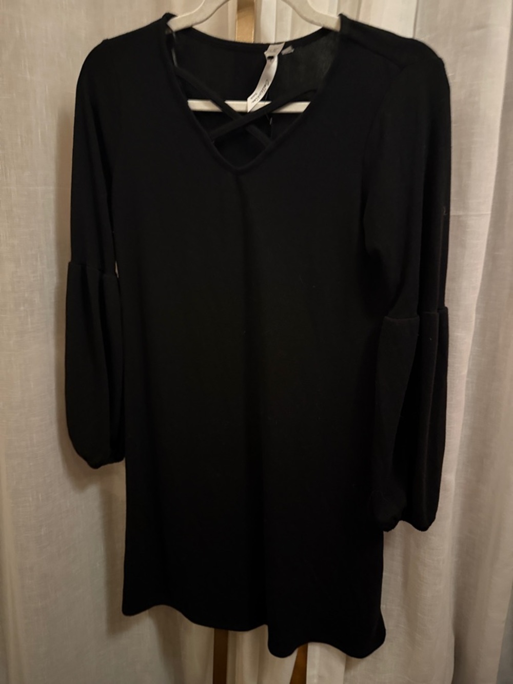 NY Collection Black Long-Sleeve V-Neck Dress with Crisscross Detail